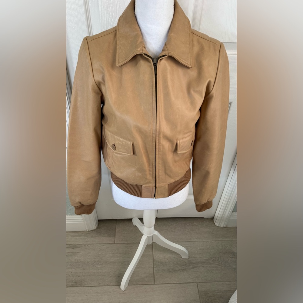 Vintage Spring 2002 GAP Genuine Leather Bomber Jacket Camel Tan Y2K
